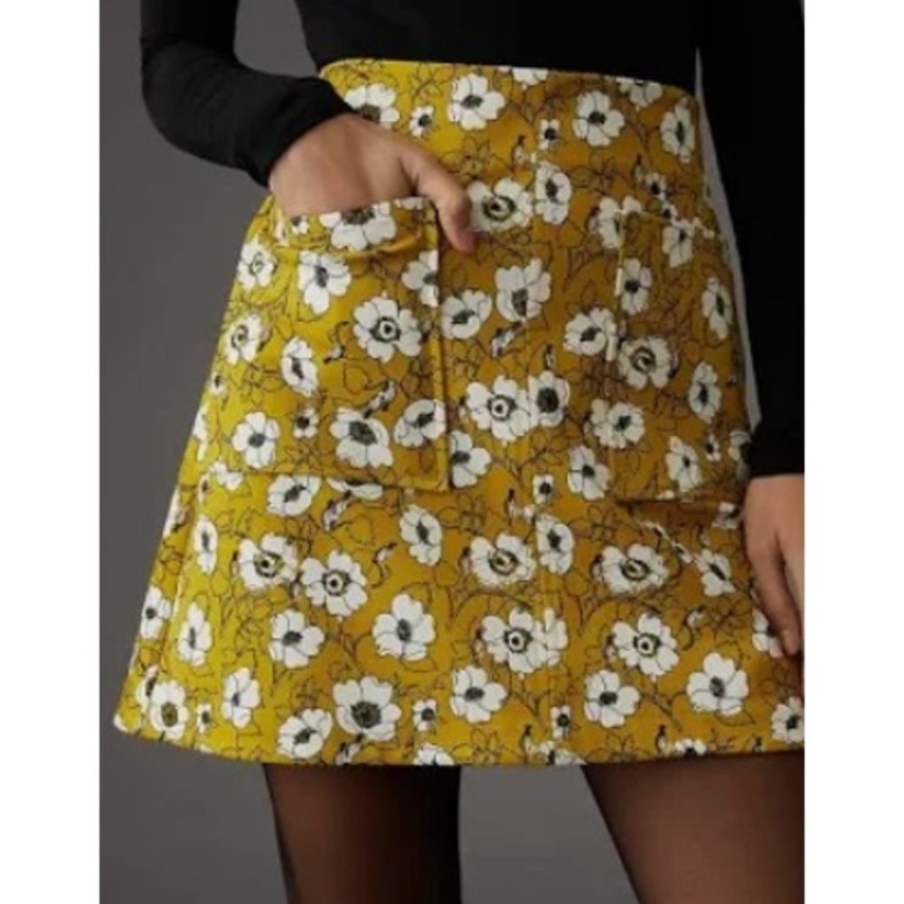 Anthropologie Maeve sz XL mustard yellow floral A line stretch mini skirt O